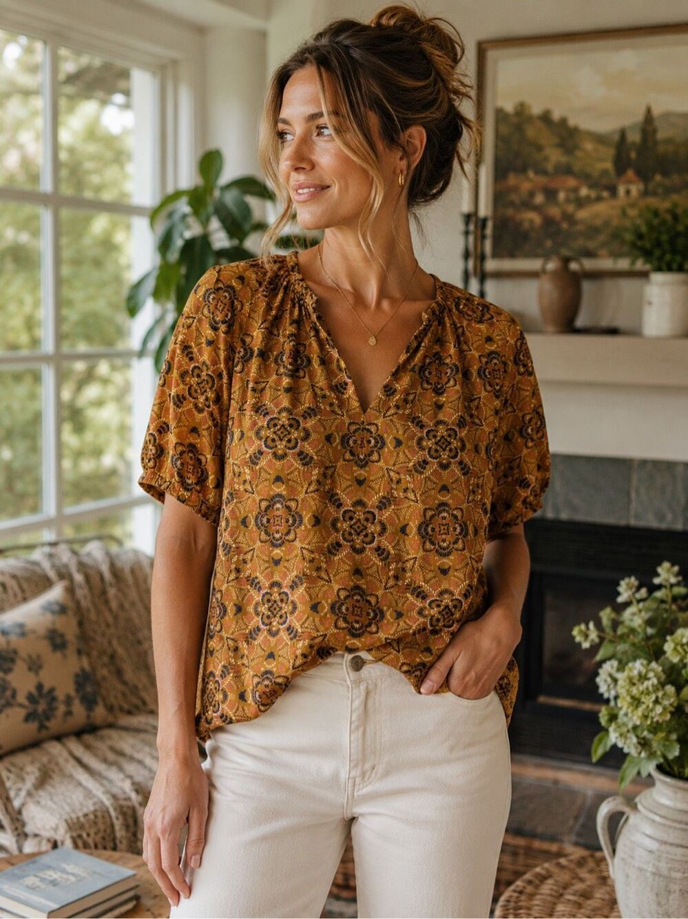 Daniel Rainn Mustard Medallion Print Puff Sleeve V-Neck Blouse Size Large